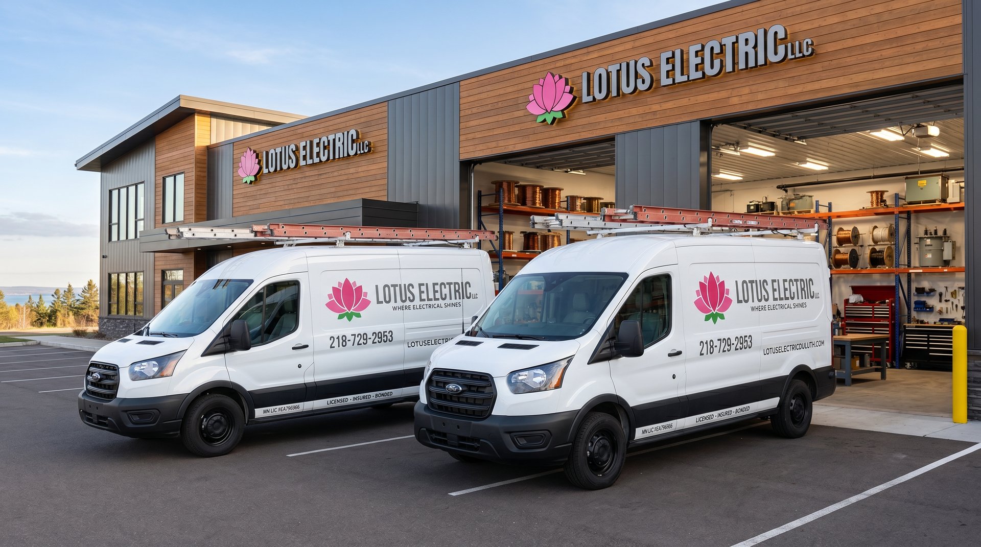 Two Lotus Electric service vans parked in V-formation in front of a Duluth, MN home — licensed residential and commercial electricians